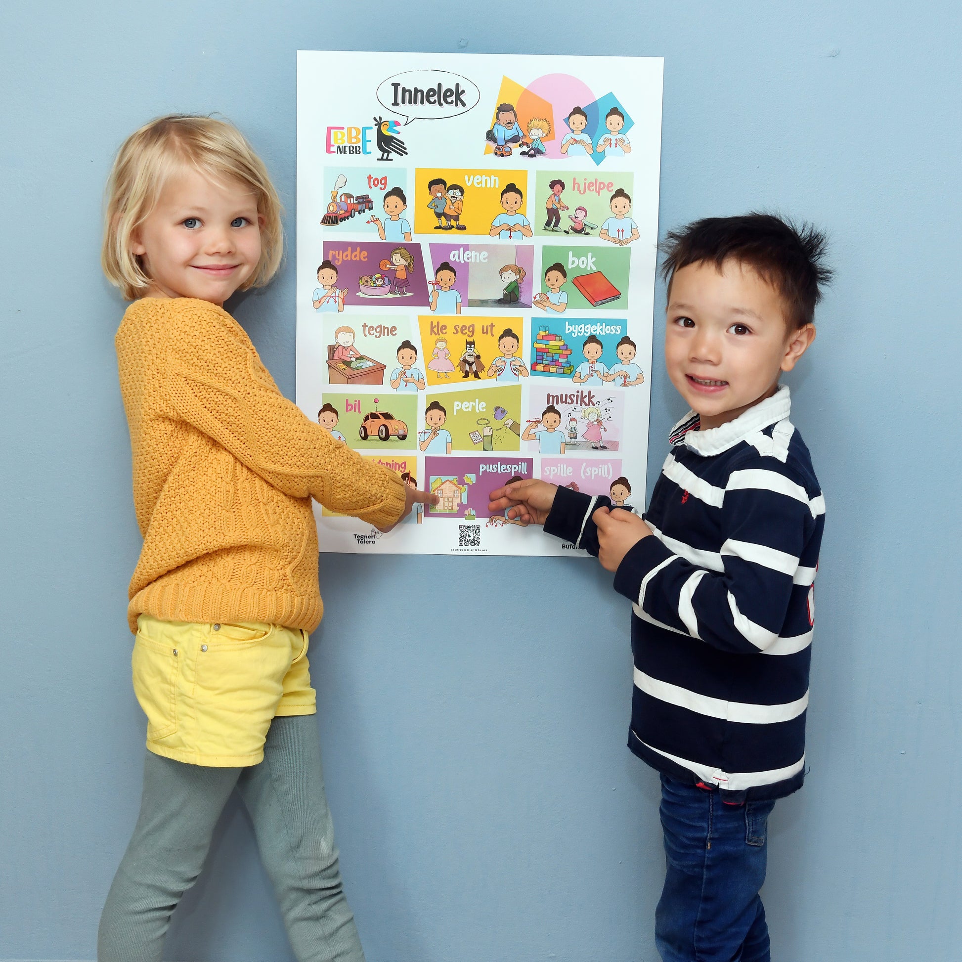 Plakat med håndtegn og symboler for barnehage
